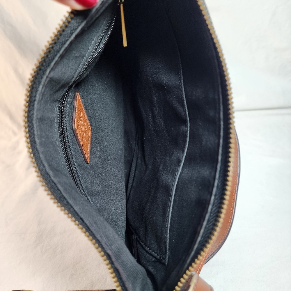 Fossil Fiona Leather Canvas Crossbody Bag Black Brown Zip Top Adjustable Strap - Picture 5 of 14